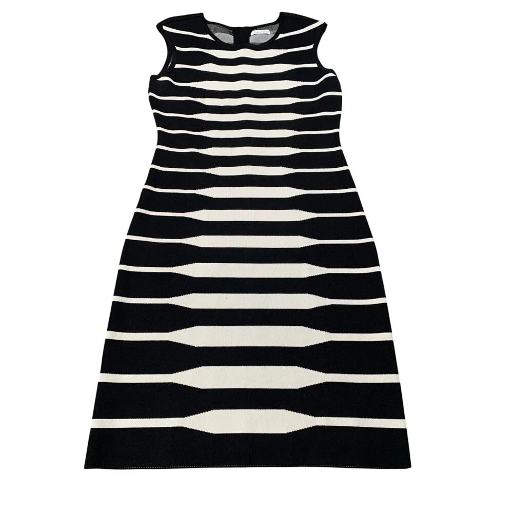 Calvin Klein Dress Womens Medium Black White Striped Bodycon Sleeveless Stretch - Picture 1 of 10